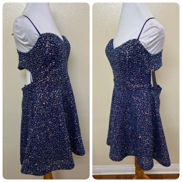 City Studios Juniors' Sequin Open-Back Skater Fit & Flare Dress 13/14 Blue - Picture 3 of 12